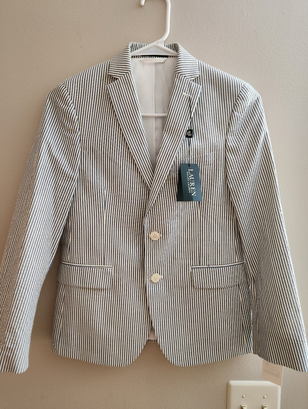 NWTs Lauren Ralph Lauren Boy (12) Blayton Navy Striped Seersucker Blazer Costal